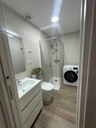 a bathroom with a shower and a toilet and a sink at La Casa de Mara in Madrid
