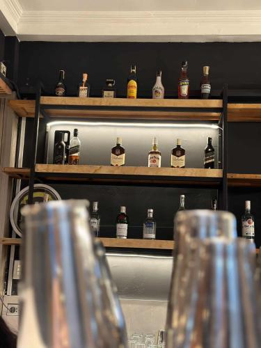 a shelf with bottles of whiskey on it at Yellow Umbrella Hostels in Cebu City