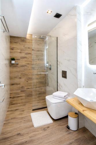 a bathroom with a shower and a toilet and a sink at MPL Apartments & maisonettes in Limenaria