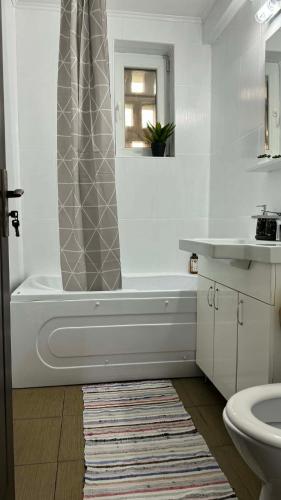 a white bathroom with a tub and a sink at Sylvia Residence in Lupeni