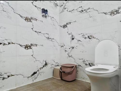 a bathroom with a toilet and a marble wall at Vogue- Lavish collection in Zirakpur