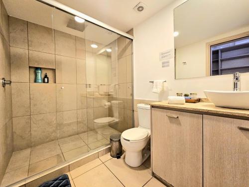 a bathroom with a shower and a toilet and a sink at Alameda central, Juárez 52 in Mexico City