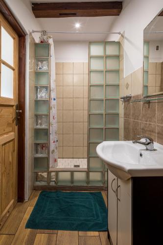 a bathroom with a sink and a shower at Zajazd Milówka in Węgliniec