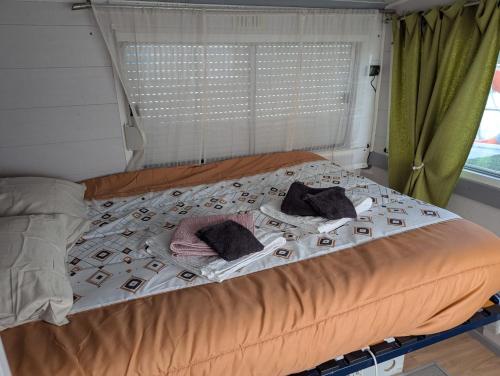 a bed with two pillows on it in a bedroom at Péniche Logement privé 2 chambres in Montech