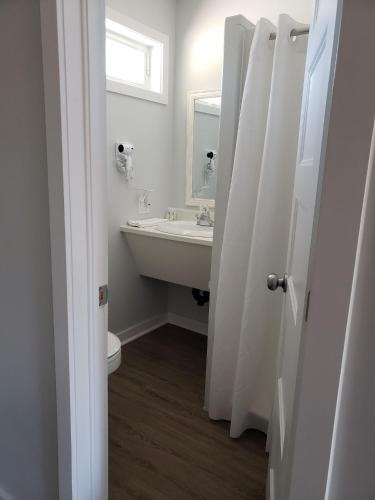 a bathroom with a sink and a toilet and a mirror at Motel Domaine Expédition in Labelle