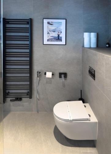 a bathroom with a toilet and a picture on the wall at Apartmán Ore&Moor in Boží Dar
