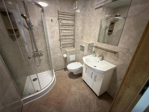a bathroom with a shower and a toilet and a sink at SALGIRDO svečių namai in Kelmė