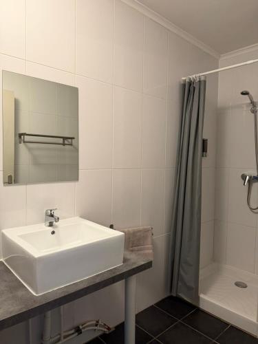 a white bathroom with a sink and a shower at GOOD NIGHT HÔTEL By L'excess in Vierzon