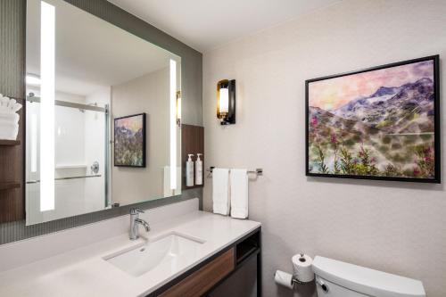 a bathroom with a sink and a large mirror at Hilton Garden Inn Kalispell in Kalispell