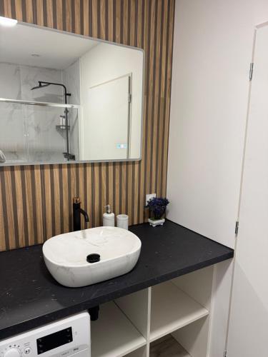 a bathroom with a white sink and a mirror at La Suite Mirebalaise in Poitiers