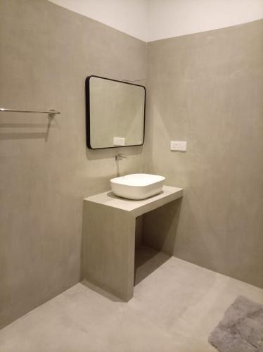 a bathroom with a sink and a mirror on the wall at Villa Nimāmi in Ahangama