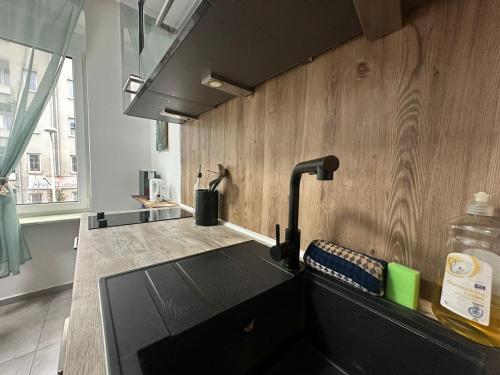 a kitchen with a black counter and a wooden wall at Urban Spacious Bright Apartment with DanubeView in Linz