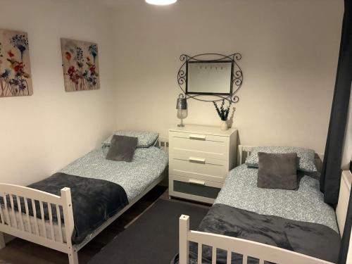 a bedroom with two beds and a mirror and a dresser at Flat in Pont y Rhyl in Pont y Cymmer