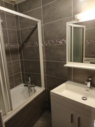 a bathroom with a tub and a sink and a bath tub at Maison dans un chalet en bordure de lac in Loudenvielle