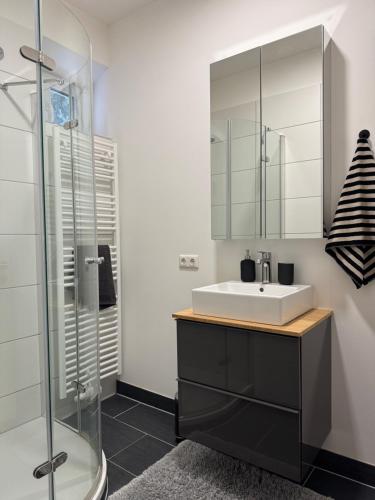 ein Badezimmer mit Waschbecken und Glasdusche in der Unterkunft White Inn - Statement in Mürzzuschlag