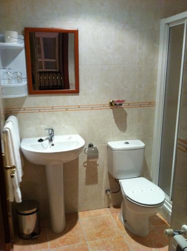 a bathroom with a sink and a toilet and a mirror at Hostal Hotil Coruña Centro in A Coruña