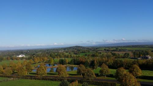 an aerial view of a park with trees and a lake at Hazelwood Country House in Adare