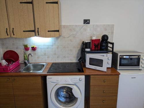 a kitchen with a washing machine and a microwave at Il Nido sul Torrente in Coazze