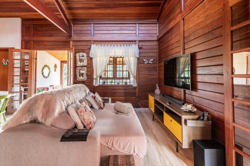 a bedroom with wooden walls and a bed and a television at Refúgio de Montanha em Monte Verde para Famílias e Amigos com 4 Suítes in Monte Verde