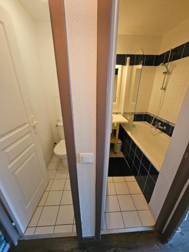 a bathroom with a tub and a toilet and a sink at Le cosy des Sables Blancs in Douarnenez
