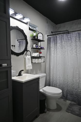 ein Badezimmer mit Toilette, Waschbecken und Spiegel in der Unterkunft Tiny Space, Big Comfort in Tampa