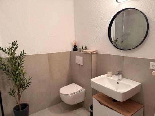 a bathroom with a sink and a toilet and a mirror at Apartment an der Altstadt in Hameln
