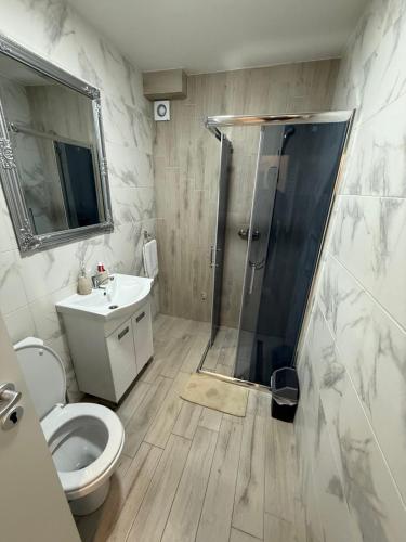 a bathroom with a shower and a toilet and a sink at Apartman Odmor012-2 in Požarevac