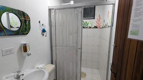 a bathroom with a shower and a toilet and a sink at Red Frog Rooms in Fortuna