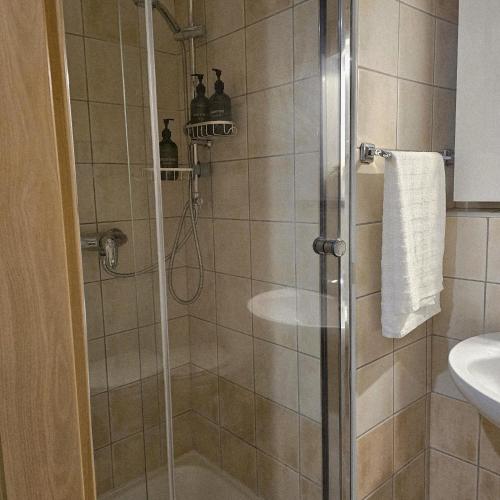 a bathroom with a shower and a sink at Karos Kristály Apartman in Zalakaros