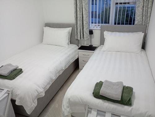 a bedroom with two beds and a window at the foyle bridge apartment in Derry Londonderry