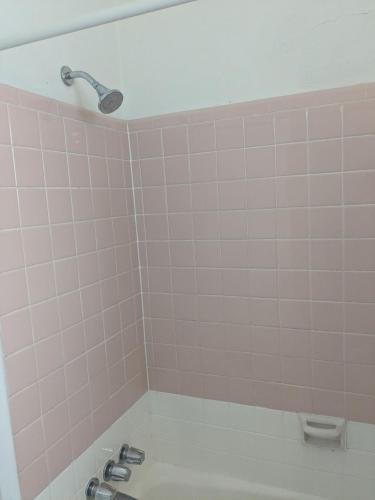 a bathroom with a sink and a pink tiled wall at Southland Motor Lodge Hotel in Woodhaven
