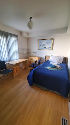 a bedroom with a blue bed and a desk at Pells Hostel in Regina