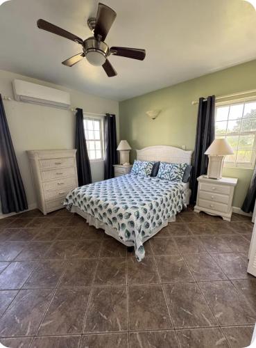 a bedroom with a bed and a ceiling fan at The Palms apt 1 in Cedar Grove