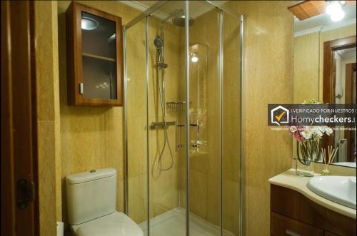 a bathroom with a shower and a toilet and a sink at Apartamento Cervantes Centro Historico in Salamanca