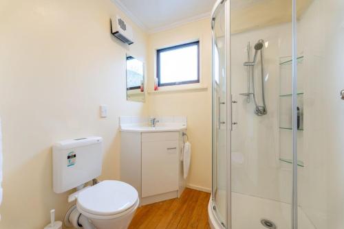 a bathroom with a toilet and a shower at Kurow Escapes - Holiday Home in Kurow