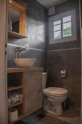 a bathroom with a toilet and a sink and a window at Refugio Lagunas in San Antonio