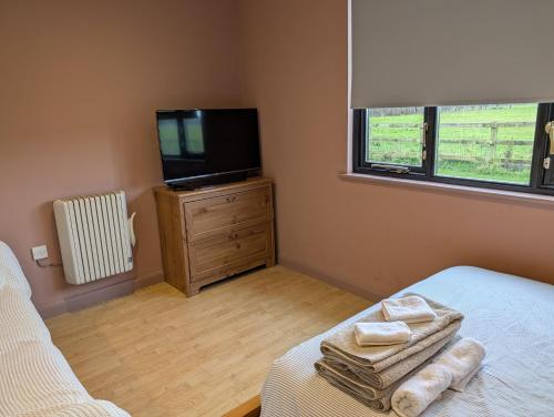 a bedroom with a tv and a bed with towels at Studio Apartment - Iver Heath in Uxbridge