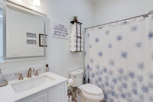 a bathroom with a toilet and a sink and a shower curtain at Mtn-View 'Hidden Falls' Cabin w/ Hot Tub & Deck in Andrews