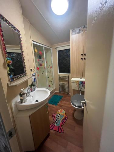 a bathroom with a sink and a toilet at The Rainbow's nest in Morecambe