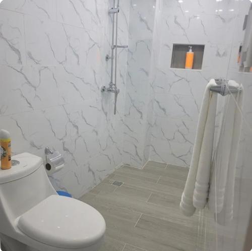 a white bathroom with a toilet and a shower at Obynb in Santo Domingo