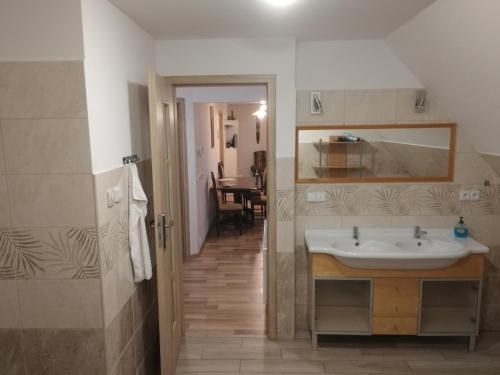 a bathroom with a sink and a mirror at Apartmány u Martina in Javorník