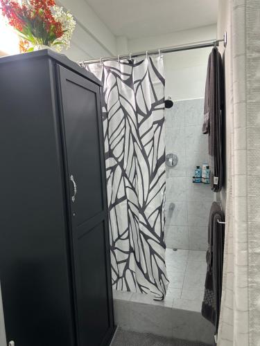 a bathroom with a shower with a black door at Villa Nola Tres in Port-of-Spain