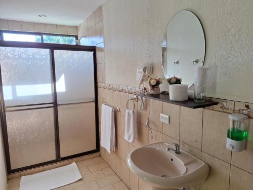a bathroom with a sink and a mirror at Olla é Mono Ecolodge in Sarapiquí