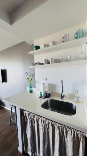a kitchen counter with a sink and shelves at Inn on The Park in Honolulu