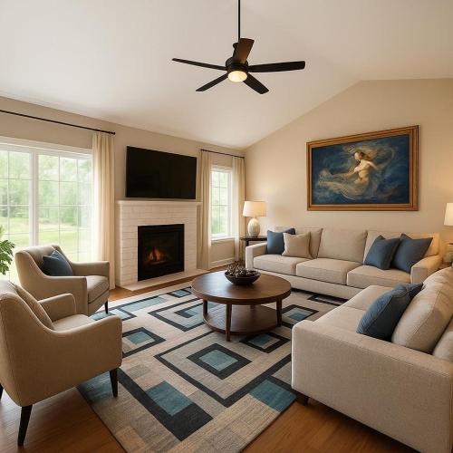 a living room with a couch and a fireplace at The Woodlands in The Woodlands