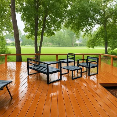a group of benches sitting on a wooden deck at The Woodlands in The Woodlands