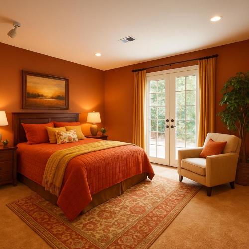 a bedroom with a bed and a chair and a window at The Woodlands in The Woodlands