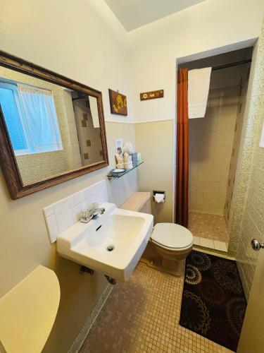 a bathroom with a sink and a toilet and a shower at Itty Bitty Inn in North Bend
