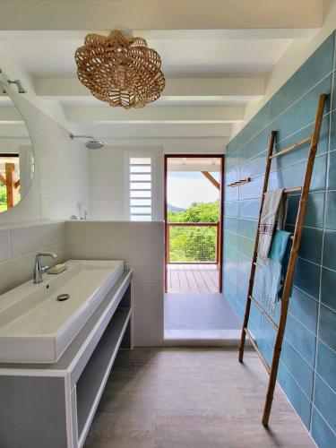 a bathroom with a sink and a mirror at Villa Bois coco Les Saintes in Terre-de-Haut