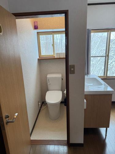 a bathroom with a toilet and a sink at 2 Peaks Snow Lodge in Hakuba